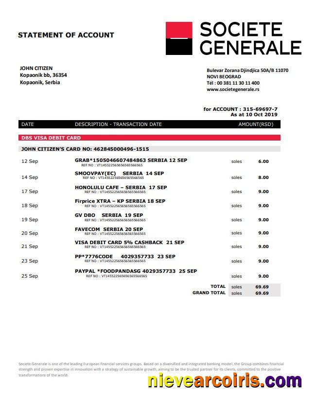Serbia Societe Generale bank proof of address statement in Word and PDF format